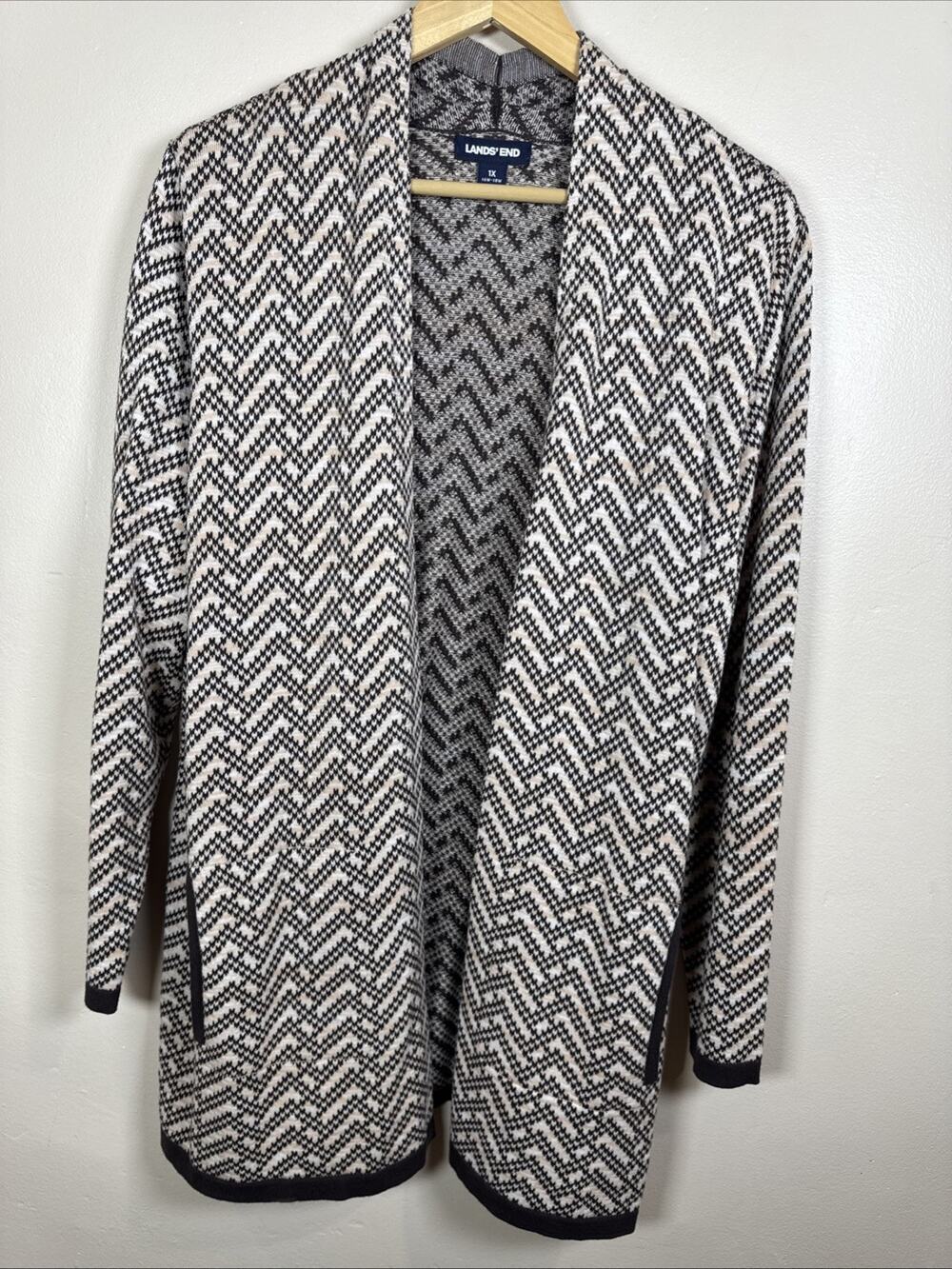 Lands End Womens Plus Size Long Cardigan 100% Cotton Tweed Knit 1X Preppy